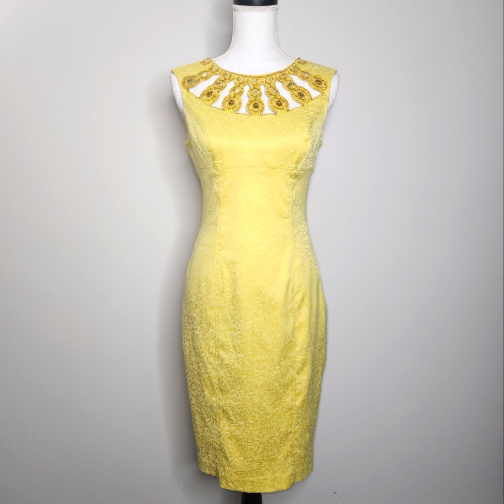 Adrianna Papell Yellow Beaded Floral Jacquard Sheath Dress 4 Vintage Cocktail